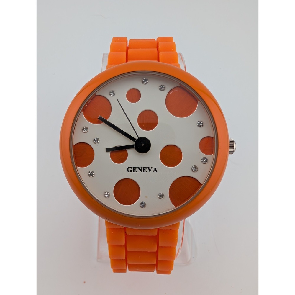 Geneva‎ Watch Women 43mm Case Orange Silicone Band Polka Dot Dial- New Battery